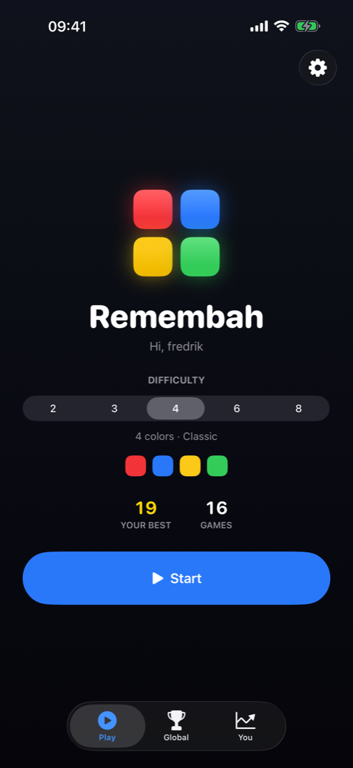 The Remembah menu, with the difficulty picker and your best score