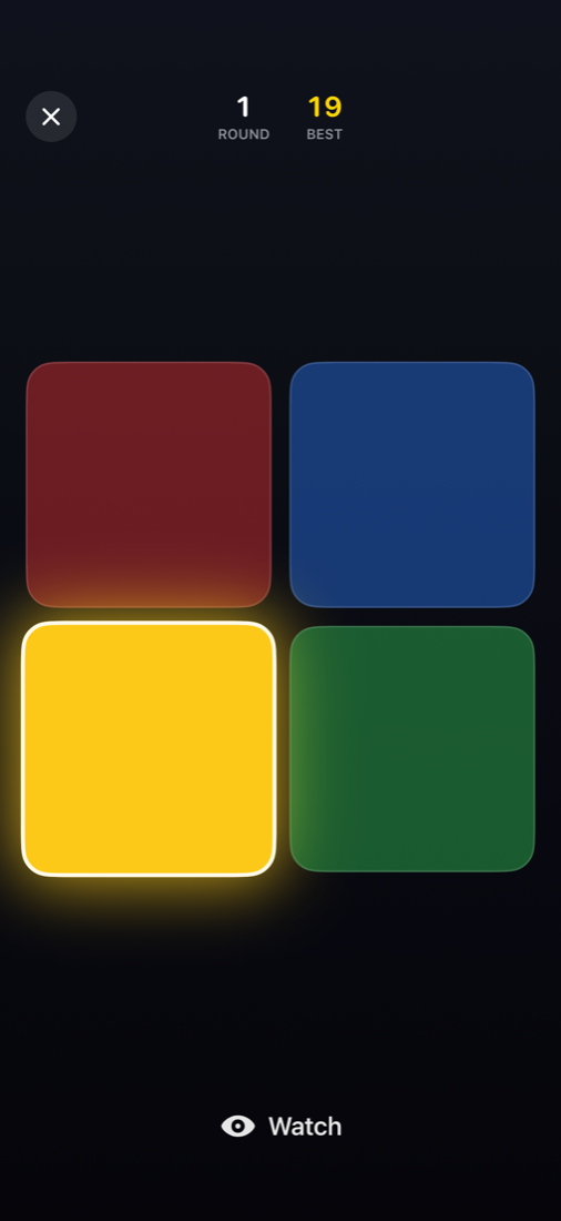 A four-color game in Remembah, with the yellow pad lit during playback